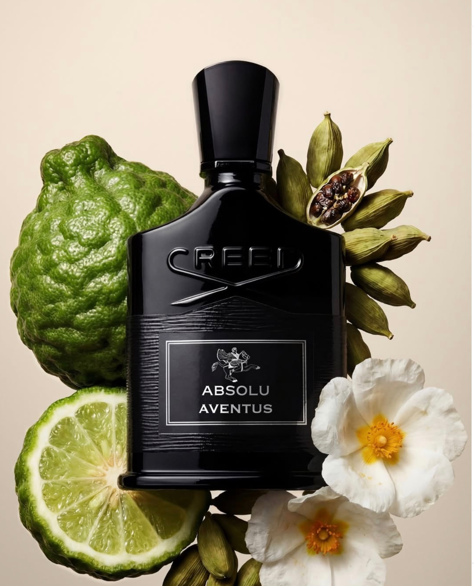 Creed Absolu Aventus fragrance bottle with bergamot, lime and cardamom