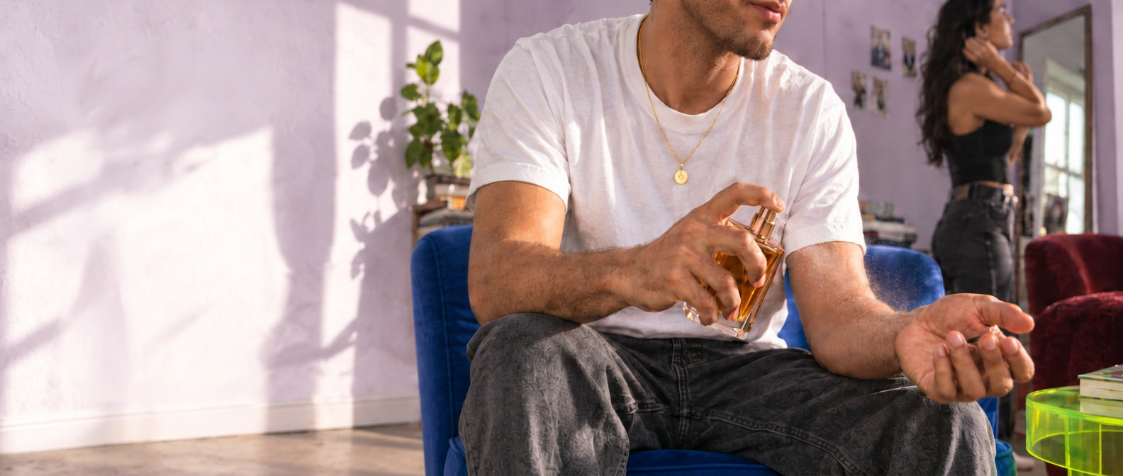 A fragrance wearer spraying perfume onto his wrist in a sunlit apartment